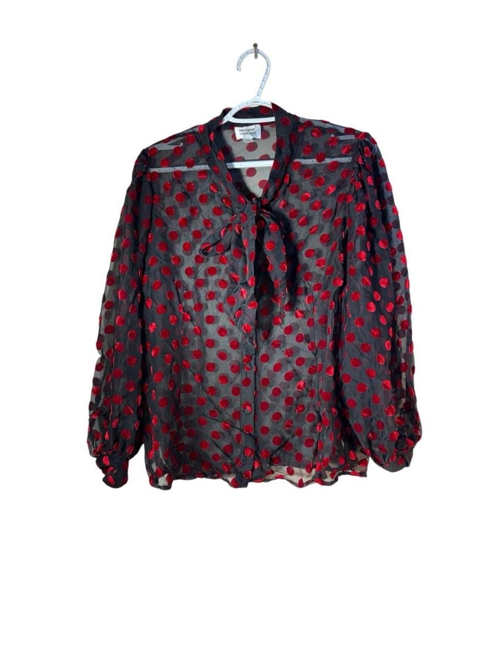 Unique Vintage Black Sheer Blouse with Red Polka Dots and Neck Tie